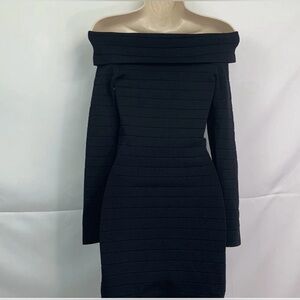REISS Black Off Shoulder Long Sleeve Ribbed Bodycon Dress-Size:0